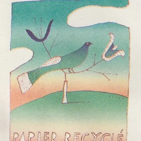Enveloppe illustrée de l'oiseau vert de Folon